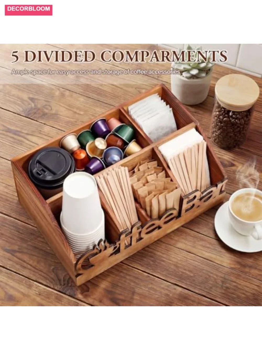 Wood Coffee Station Organizer Countertop Storage Basket for Pods, Tea,